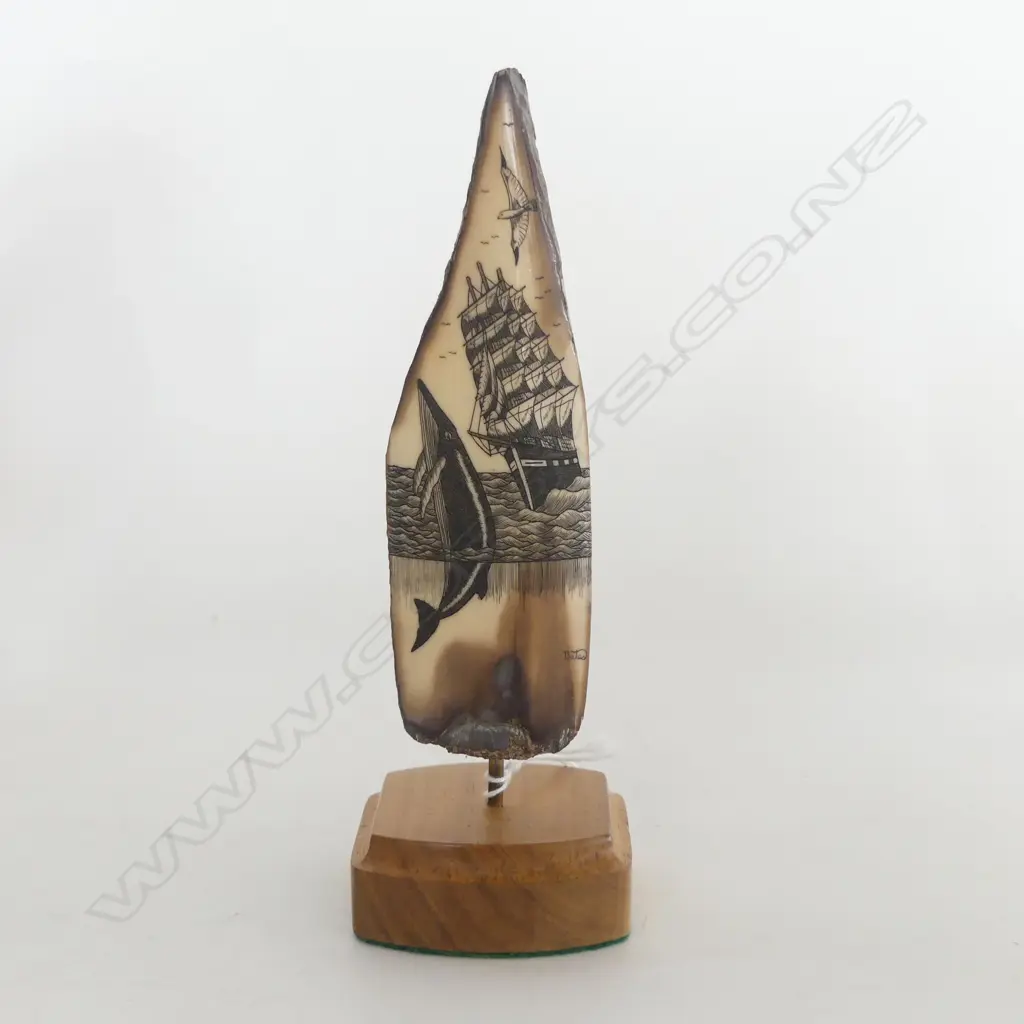 MAMMOTH IVORY SCRIMSHAW ON STAND, WHALE & SAILING SHIP, HAWAIIAN CRAFTED, H.170mm w stand Image 1++