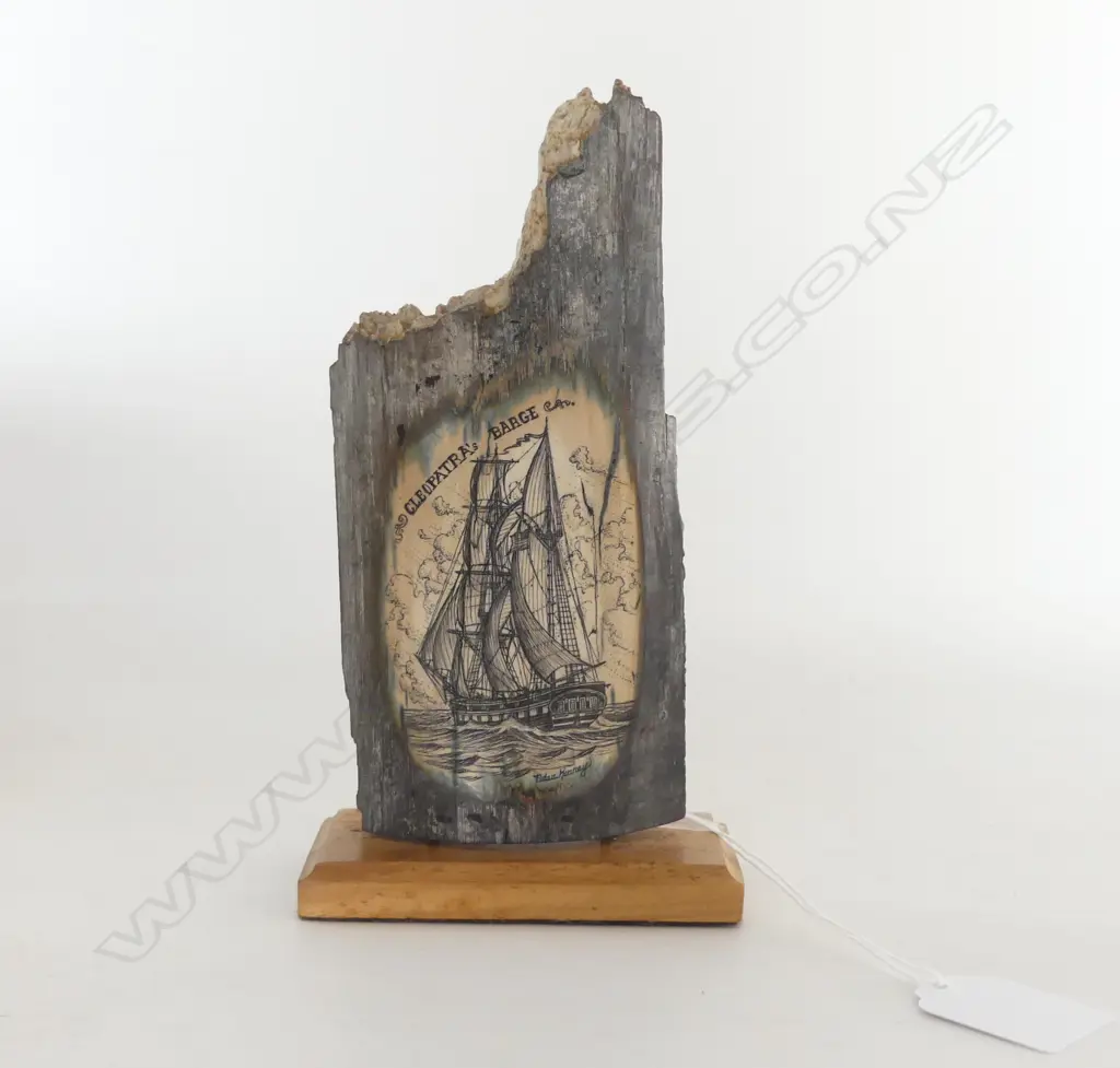 MAMMOTH IVORY SCRIMSHAW on STAND, SAILING SHIP 'CLEOPATRA BARGE', HAWAIIAN CRAFTED, signed, H.175mm w stand Image 1++