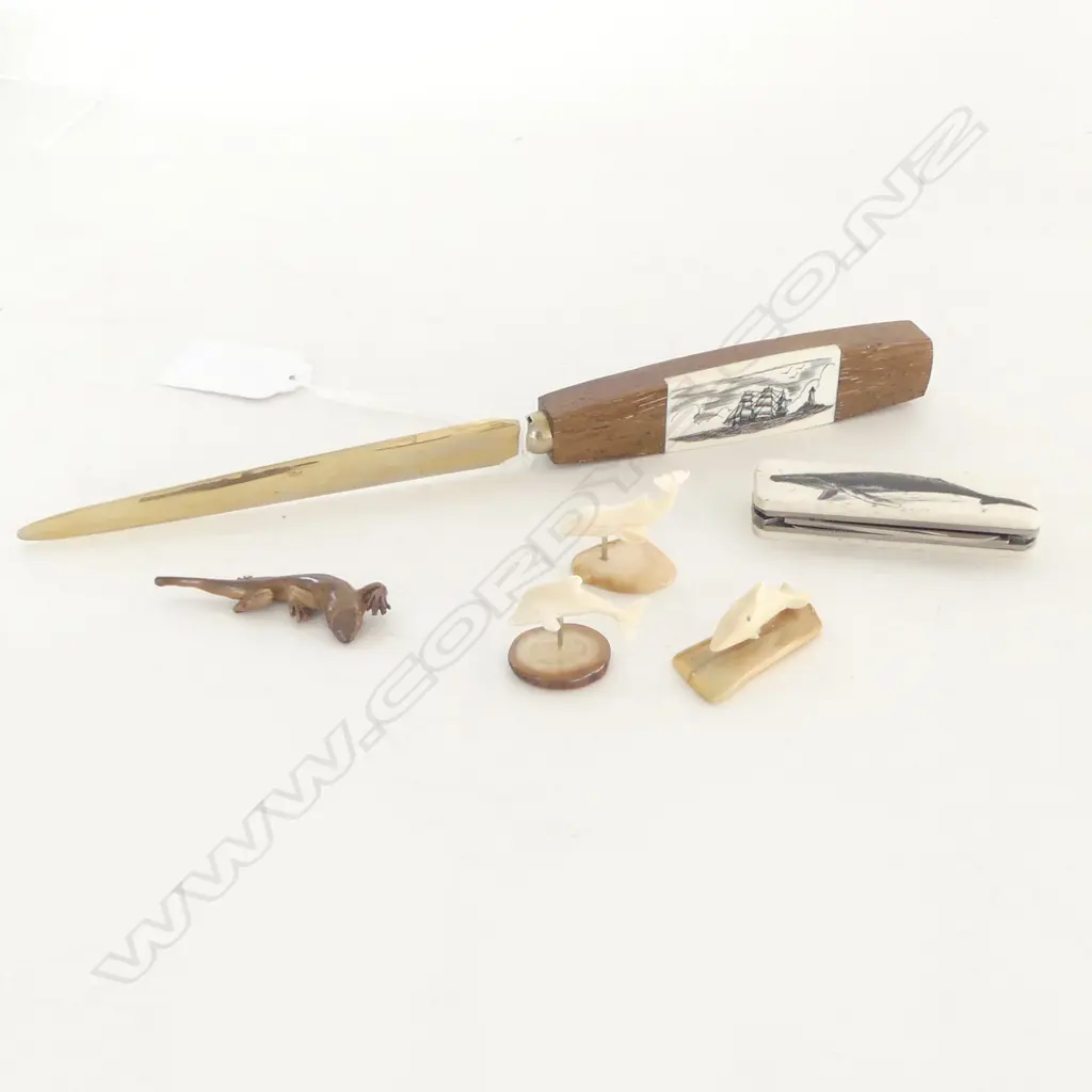 WALRUS IVORY SCRIMSHAW PEN KNIFE & LETTER OPENER & 4 TINY MARINE IVORY ORNAMENTS, HAWAIIAN CRAFTED Image 1++