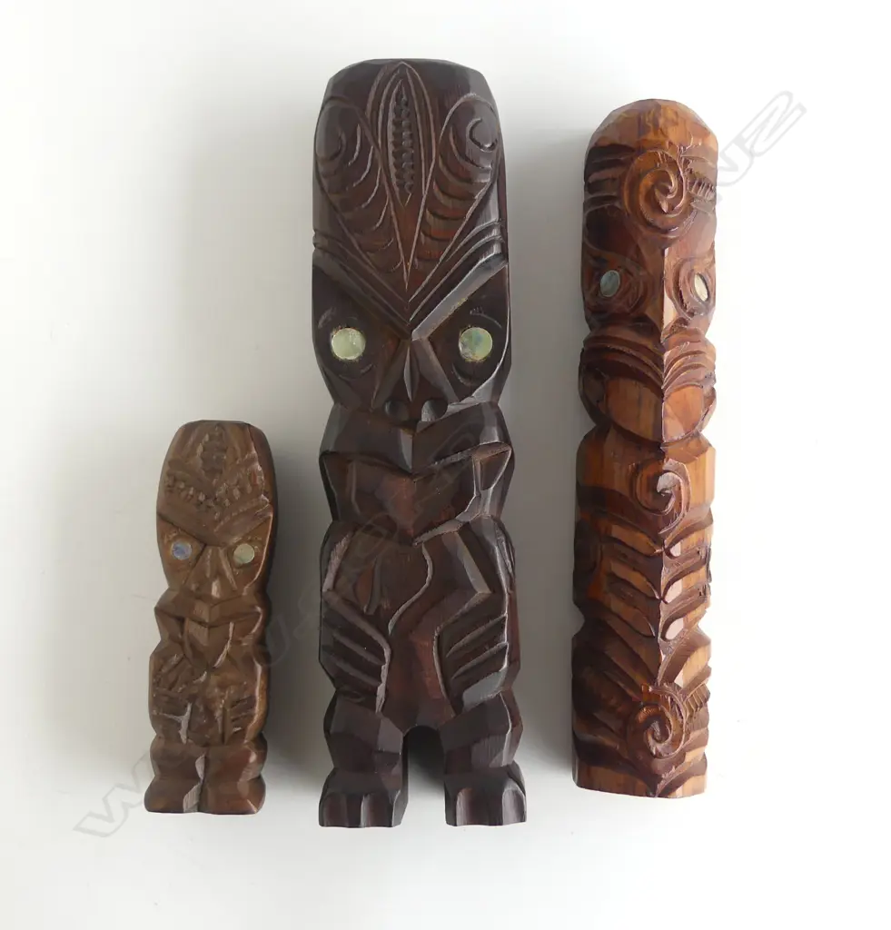 3 SMALL MAORI TOURIST ART TEKOTEKO largest H.195mm. Collected in the U.S.A. c1990's Image 1++