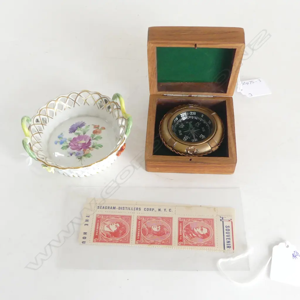 SM BOXED VINTAGE COPPER LIFE RING COMPASS, DIA. 70mm; SM DRESDEN PAINTED CHINA DISH & SET EARLY 20THC US GOODWILL STAMPS Image 1++