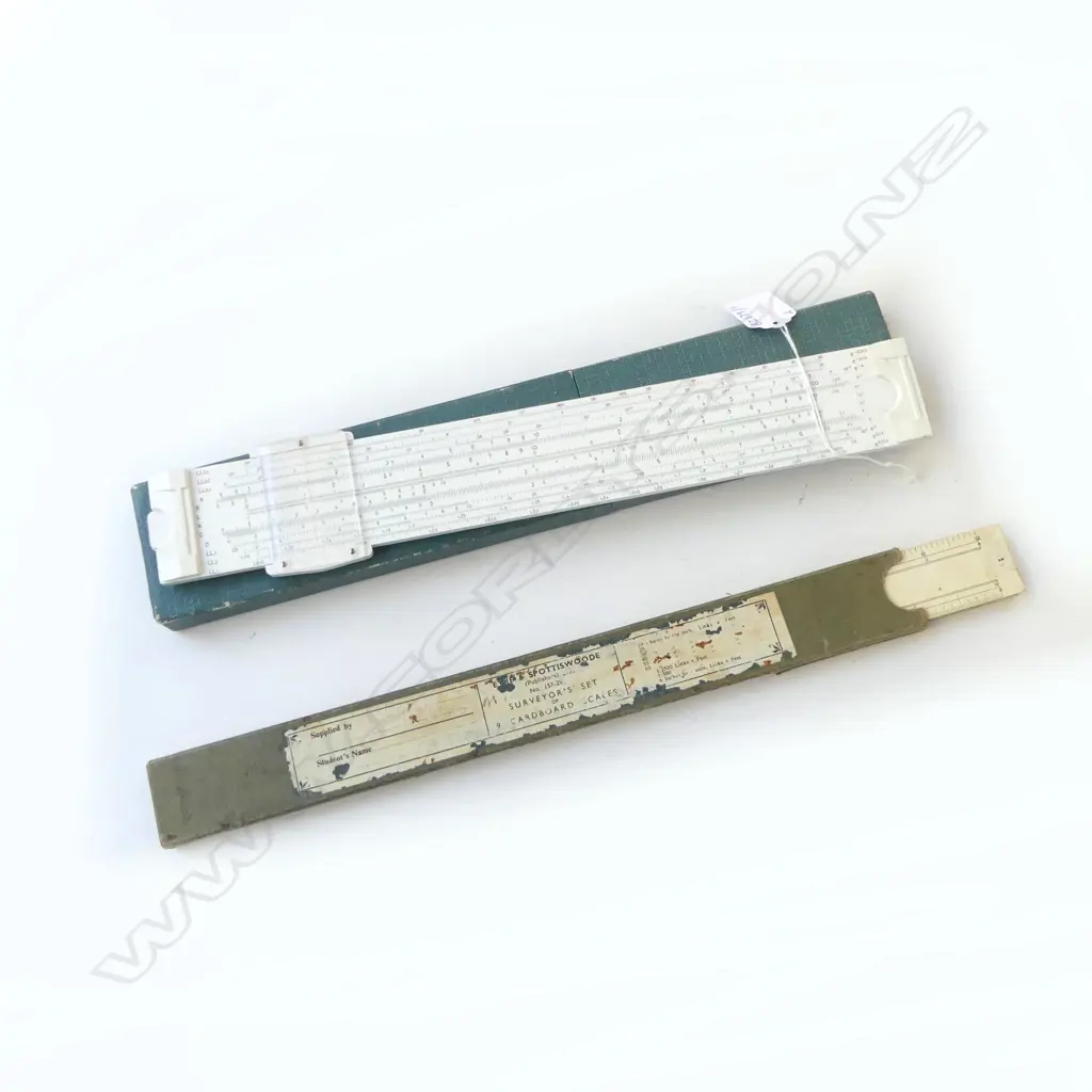 ENGINEERS SLIDE RULE IN CASE & SURVEYORS SET OF CARDBOARD SCALES BY EYRE & SPOTTISWOODE, L.340MM Image 1++