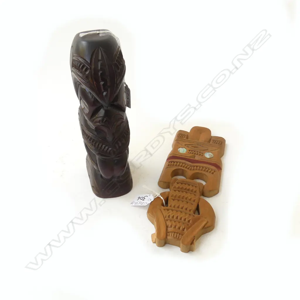 MID/LATE 20thC MAORI CARVED stylised PORTRAIT BUST paua eyes. Dark stained. H.225m + OTHER CARVED PANEL base broken. Image 1++