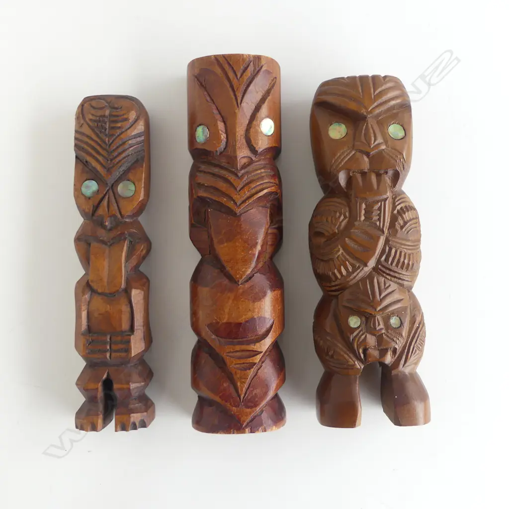 3 SMALL MAORI TOURIST ART TEKOTEKO largest H.255mm. Collected in the U.S.A. c1990's Image 1++