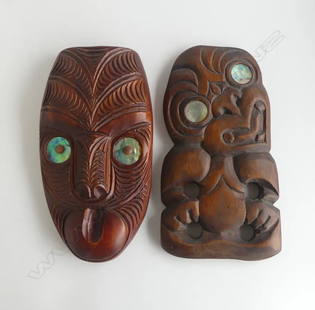 MID/LATE 20thC MAORI CARVED LGE TIKI & MASK. paua inserts H's.250mm Image 1++