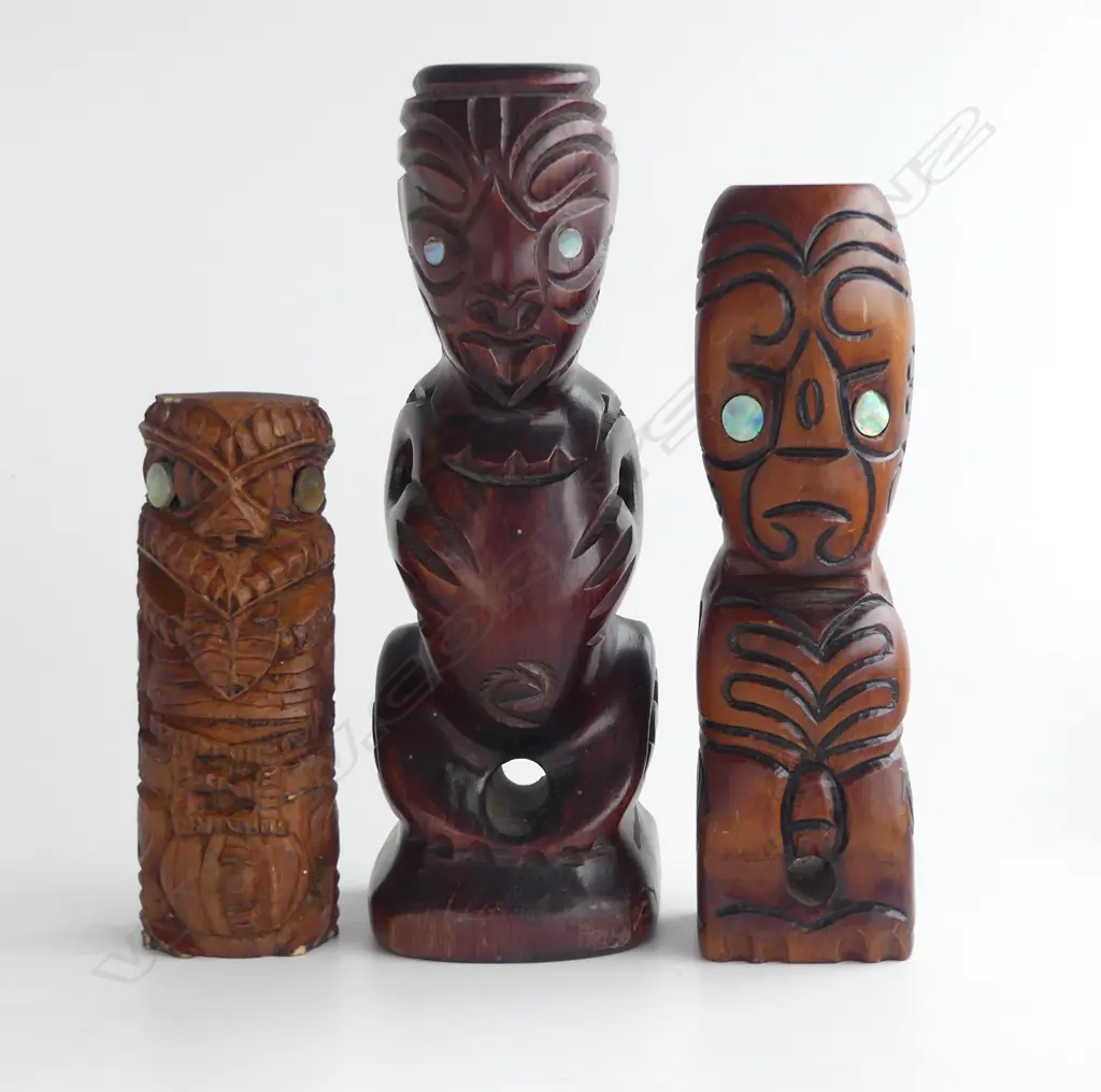 3 SMALL MAORI TOURIST ART TEKOTEKO largest H.190mm. Collected in the U.S.A. c1990's Image 1++