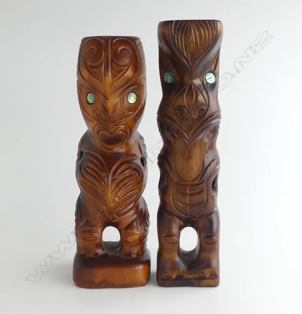 2 LATE 20thC MAORI CARVED TEKOTEKO H's.240 & 230mm Paua eyes Image 1++