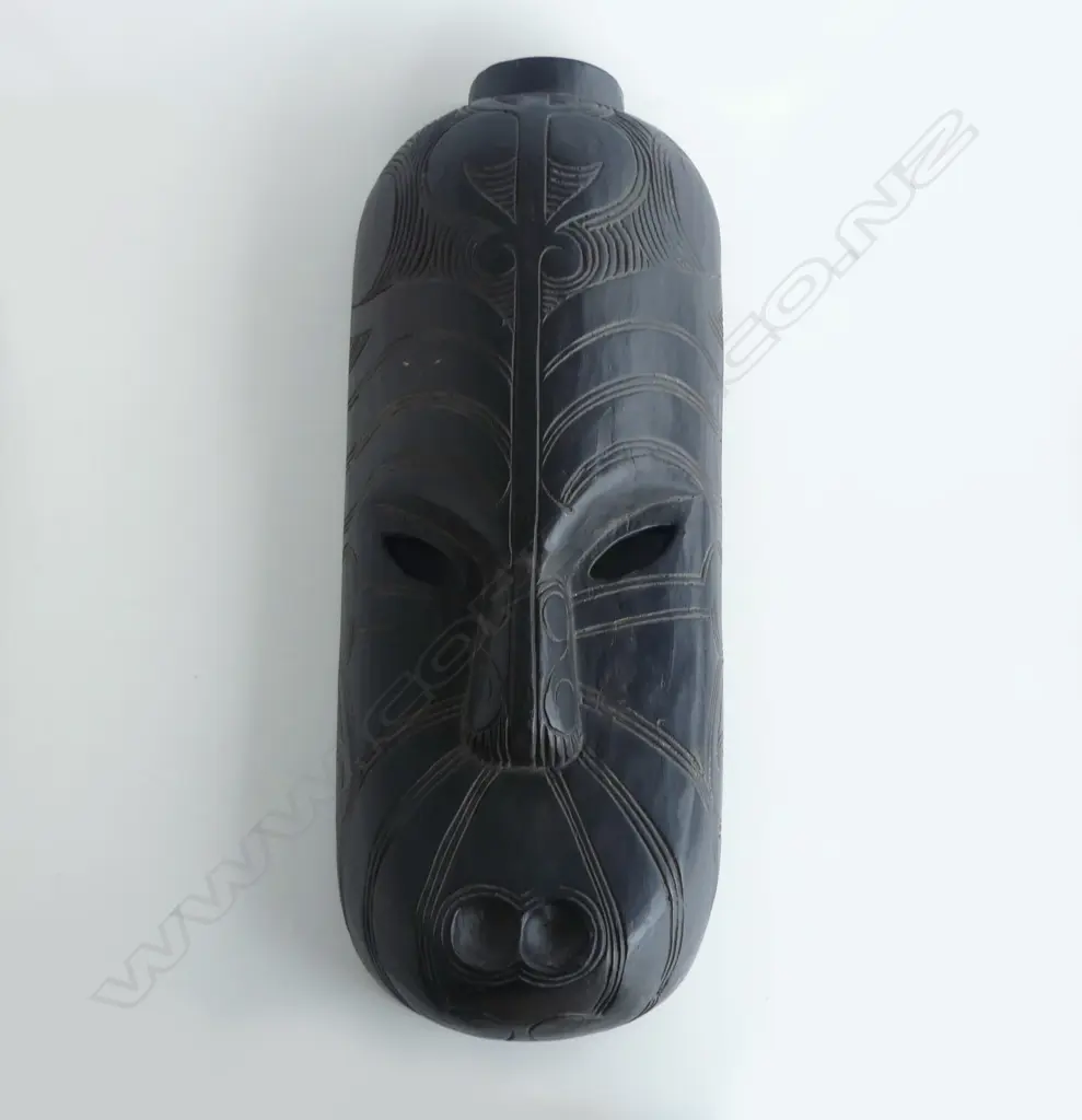 MID/LATE 20thC MAORI CARVED LONG MASK colourful painted finish. L.485mm. Image 1++