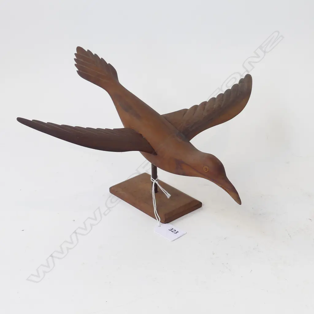 PITCAIRN CARVED WOODEN BIRD ON STAND W.340mm signed to base Image 1++