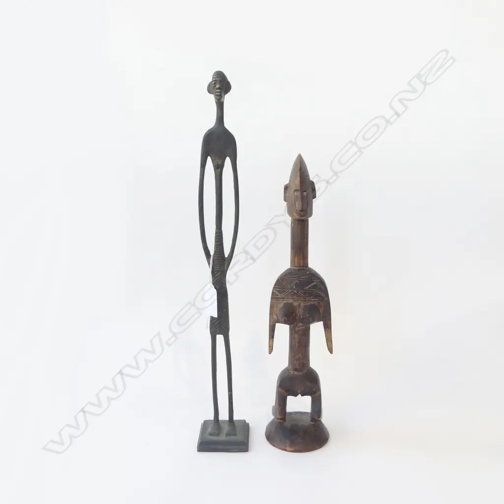 2 ABSTRACT AFRICAN FIGURES; CARVED WOODEN H.315mm, ELONGATED BRONZE H.400mm Image 1++