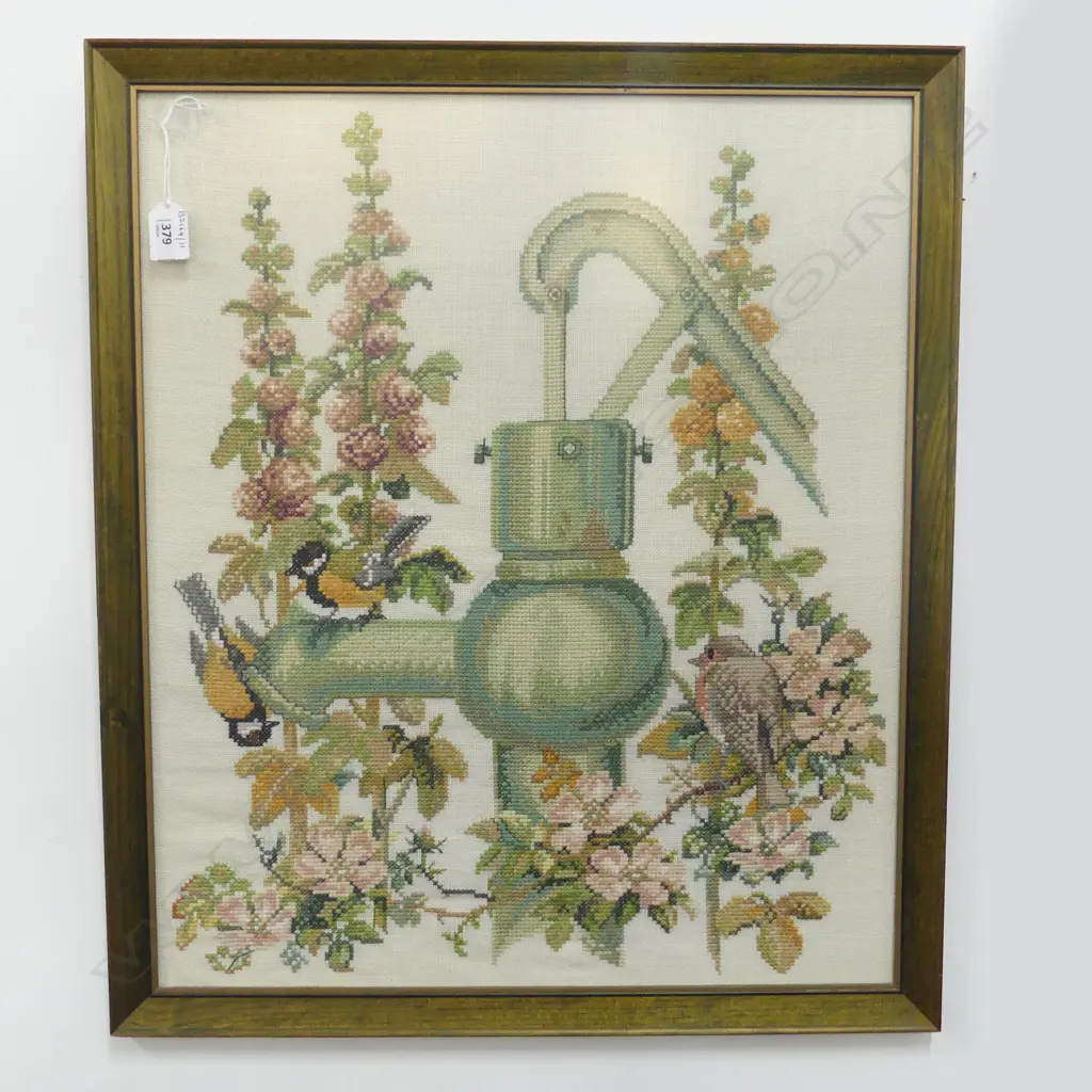 FRAMED NEEDLEWORK, BIRDS AT WATER PUMP, 620 X 530mm Image 1++