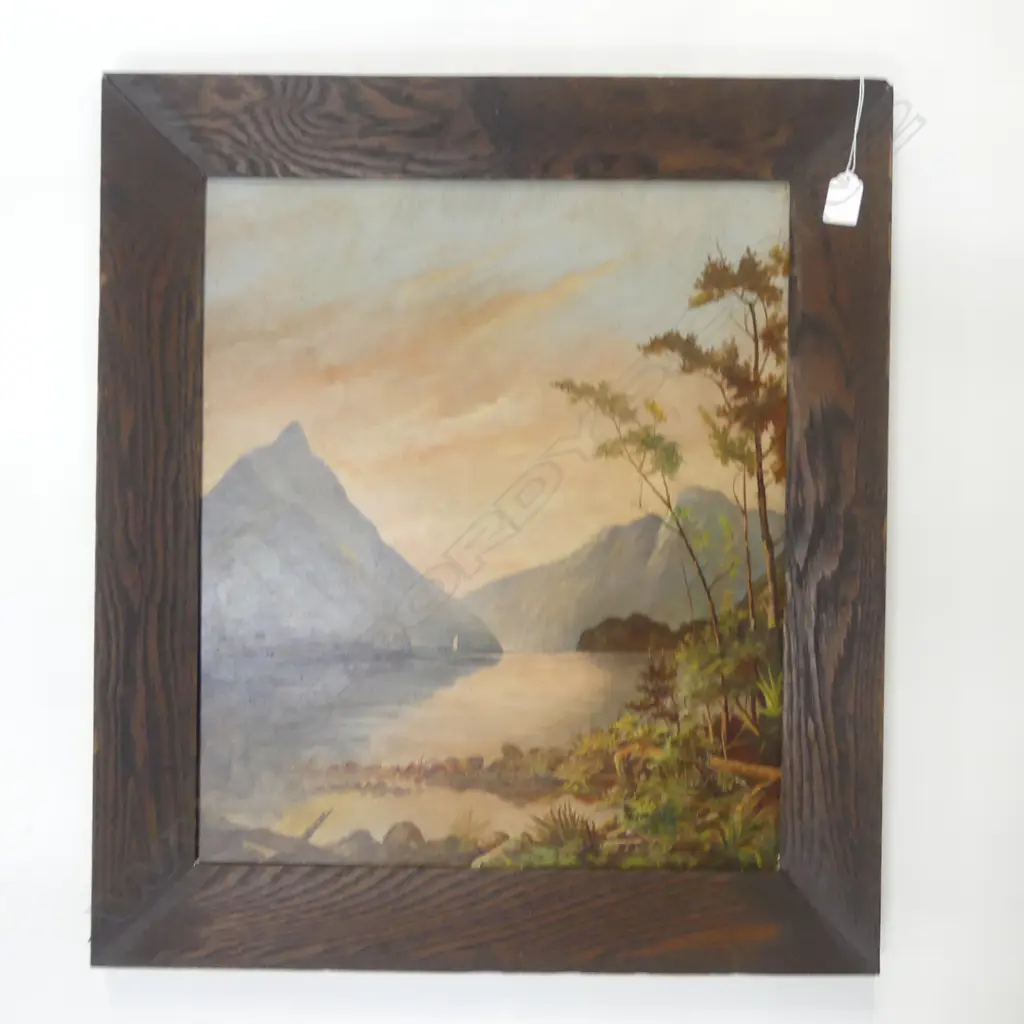 INTIALLED HM, COLONIAL LAKE & MOUNTAIN SCENE, OIL ON BOARD 510x410mm Image 1++