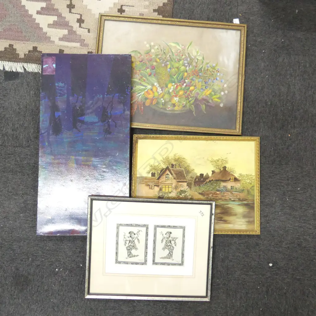 STILL LIFE OIL C1910 + 3 FRAMED ART WORKS Image 1++