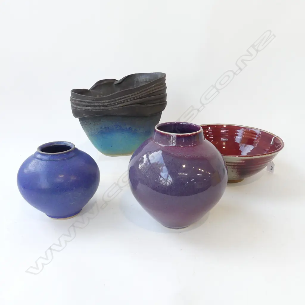 4 STUDIO POTTERY GLAZED PCES; 3 VASES + BOWL 280mm dia chipped Image 1++