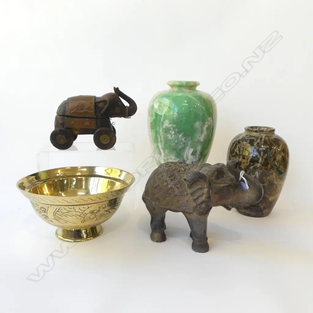 2 CARVED STONE VASES H.230mm, 2 ELEPHANTS, BRASS BOWL 225mm dia Image 1++