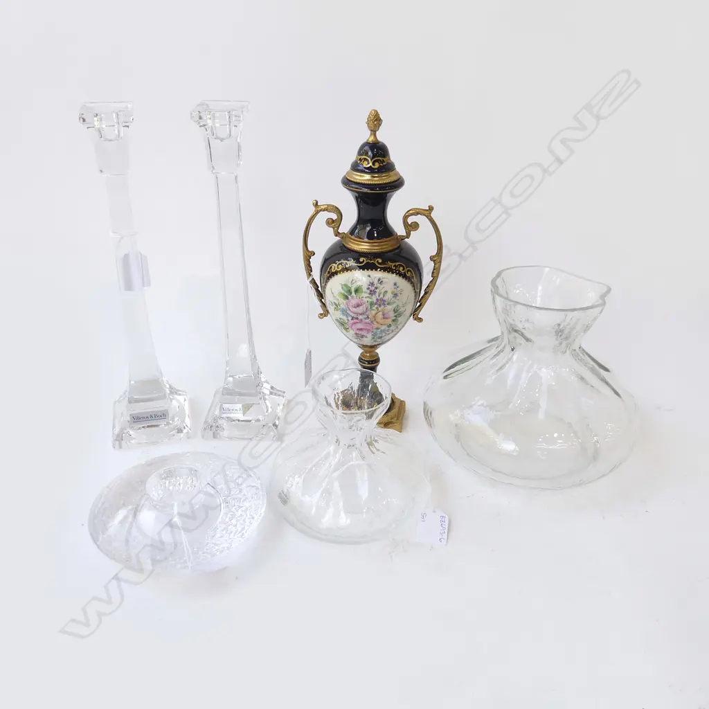 5 PCES GLASS + SEVRES URN H.300mm; PR V&B CANDLESTICKS H.295mm, ORREFORS CANDLEHOLDER, 2 JUGS  Image 1++