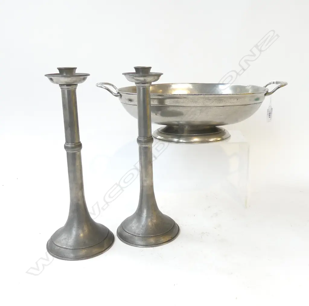 PR PEWTER CANDLESTICKS H.300mm + OVAL BOWL W.395mm Image 1++