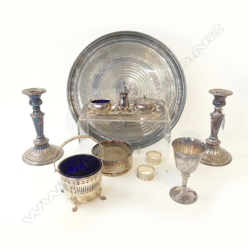 ASST. EP; PR CANDLESTICKS H.190mm,TRAY 355mm dia, CONDIMENTS, PR STG NAPKIN RINGS Image 1++