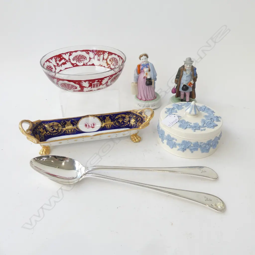 2 EP PIE SPOONS, WEDGWOOD LIDDED CONTAINER, CRYSTAL BOWL, 19thC PEN HOLDER (repaired), PR 19thC FIGURES Image 1++