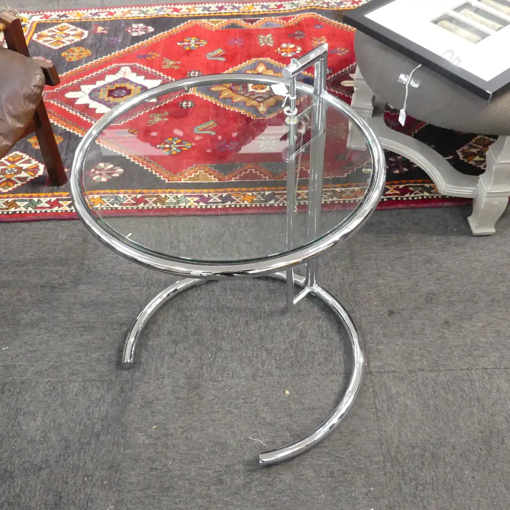 EILEEN GRAY CHROME & GLASS DESIGNER SIDE TABLE CIRCULAR Image 1++
