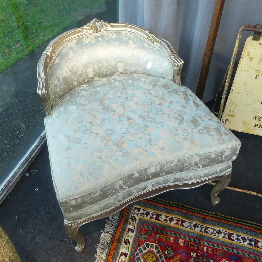 FRENCH STYLE DUCHESS BRISEE STOOL; CELADON EMBROIDERED FABRIC / SILVER FINISH FRAME Image 1++