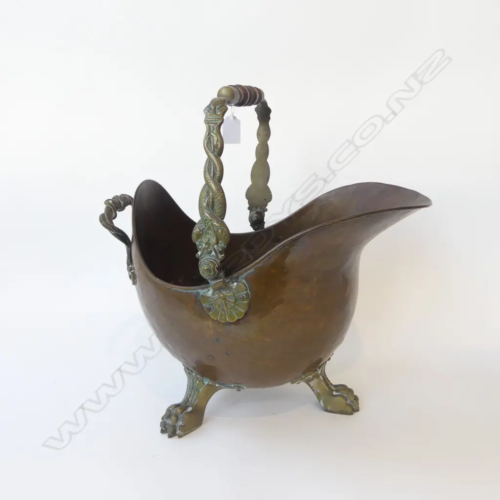 ANTIQUE COPPER COAL SCUTTLE w. 3 BRASS FEET H.305mm Image 1++