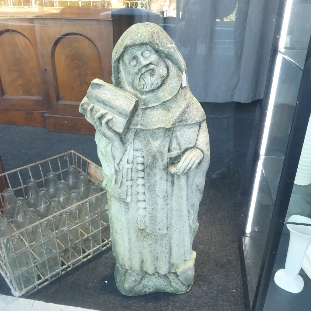 CAST CONCRETE GARDEN STANDING MONK (SAINT FIACRE) with book H.820mm Image 1++