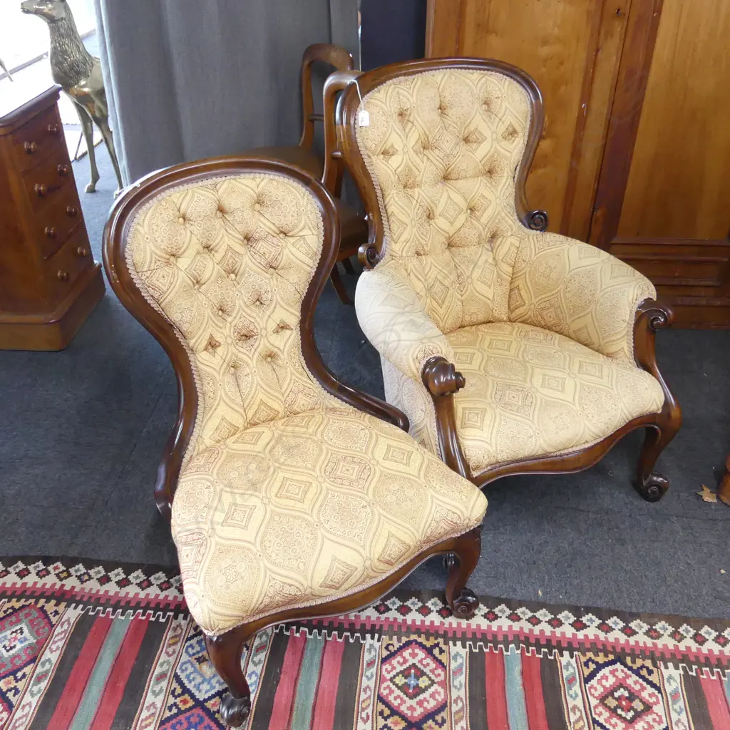 VICTORIAN STYLE GRANDFATHER & GRANDMOTHER CHAIR - GOLD UPHOLSTERY Image 1++