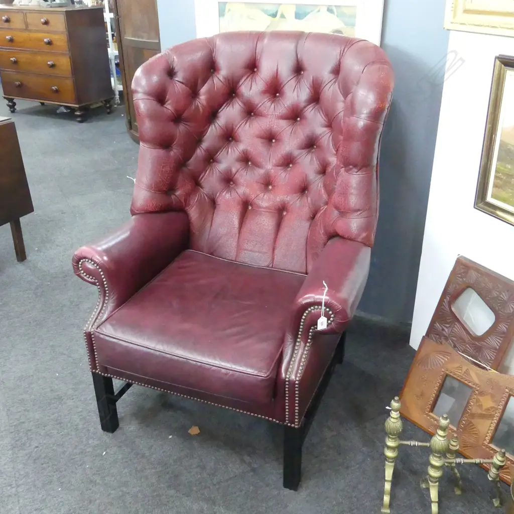 LG MAROON VINYL WING BACK ARMCHAIR - WORN IN PLACES Image 1++