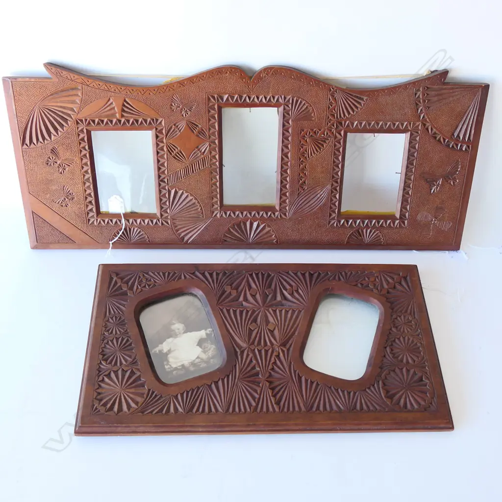 TWO VINTAGE POKERWORK  WOODEN FRAMES, LARGEST 710 x 280mm Image 1++