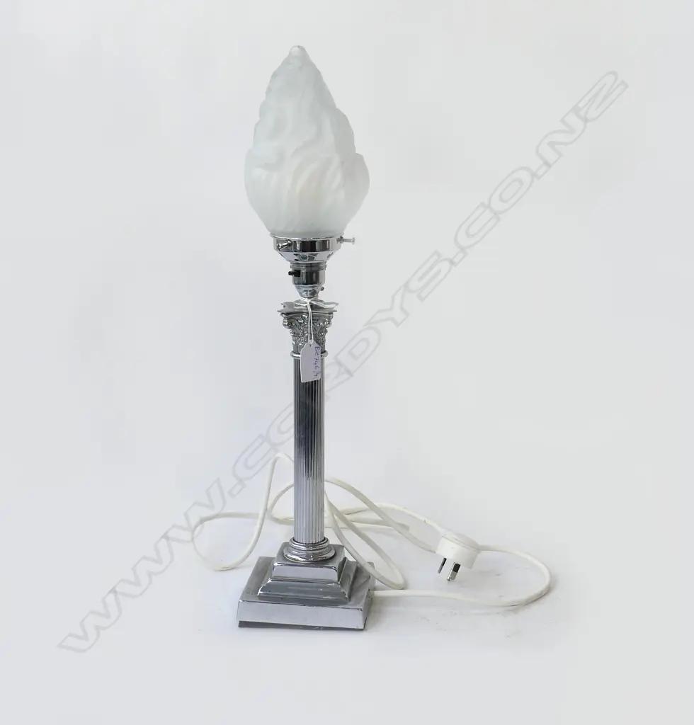 SILVER METAL CORINTHIAN COLUMN LAMP w. FROSTED GLASS 'FLAME' SHADE H.510mm Image 1++
