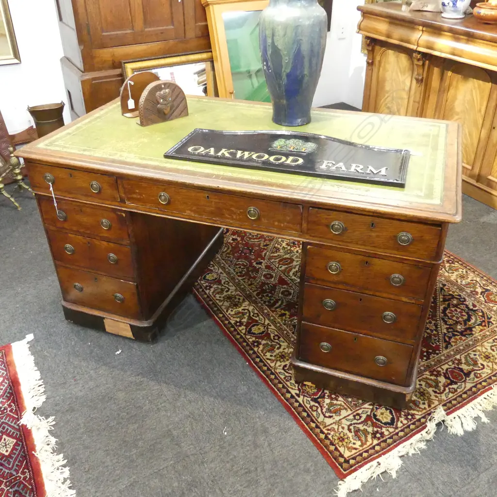 VICTORIAN OAK DOUBLE PEDESTAL DESK, GREEN LEATHER TOP  Image 1++