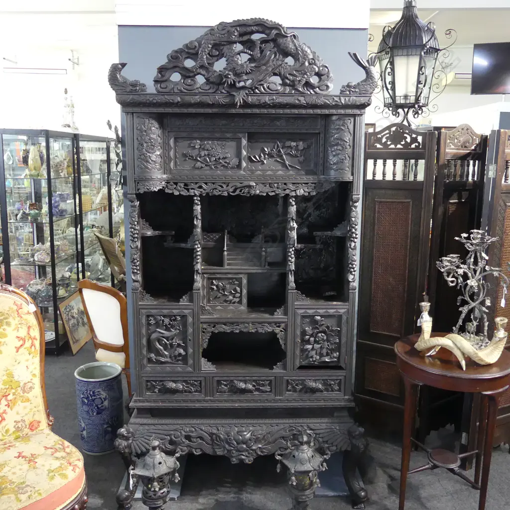 EBONISED CARVED WOODEN ORIENTAL CABINET 1160 x 450 x 2150mm some borer & pieces missing Image 1++