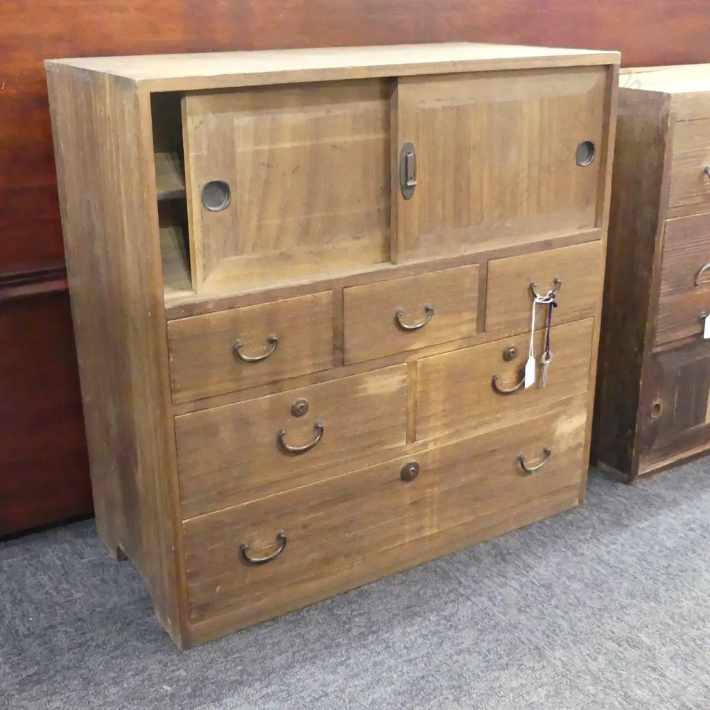 OLD JAPANESE UTILITY CABINET 6 drawer pr doors w key H.580mm Image 1++