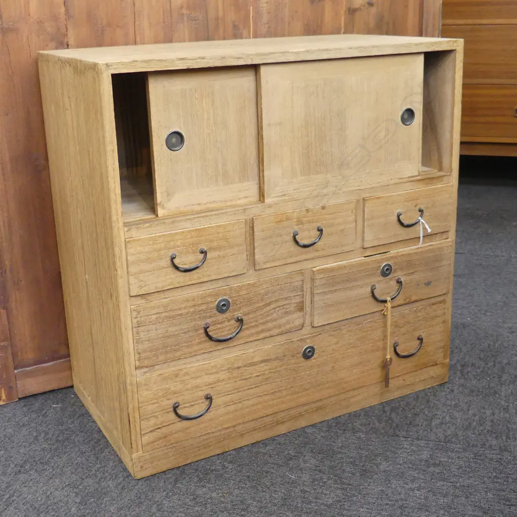 OLD JAPANESE UTILITY CABINET 6 drawer pr doors H.610mm w key Image 1++