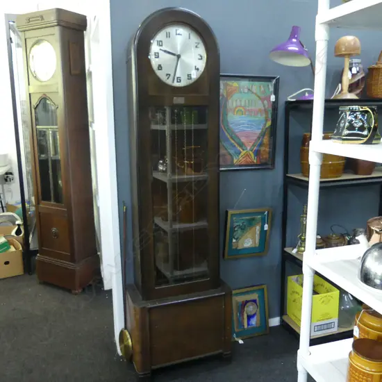 DECO OAK GRANDFATHER CLOCK H.1925mm apparently working 1 weight hook needs attention