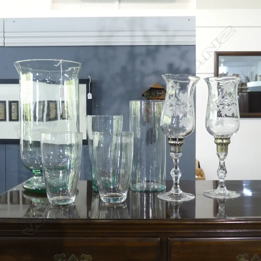 7 GLASS PCES; 3 HURRICANE LAMPS (PR + 1 H.420mm), 4 VASES H.300mm Image 1++