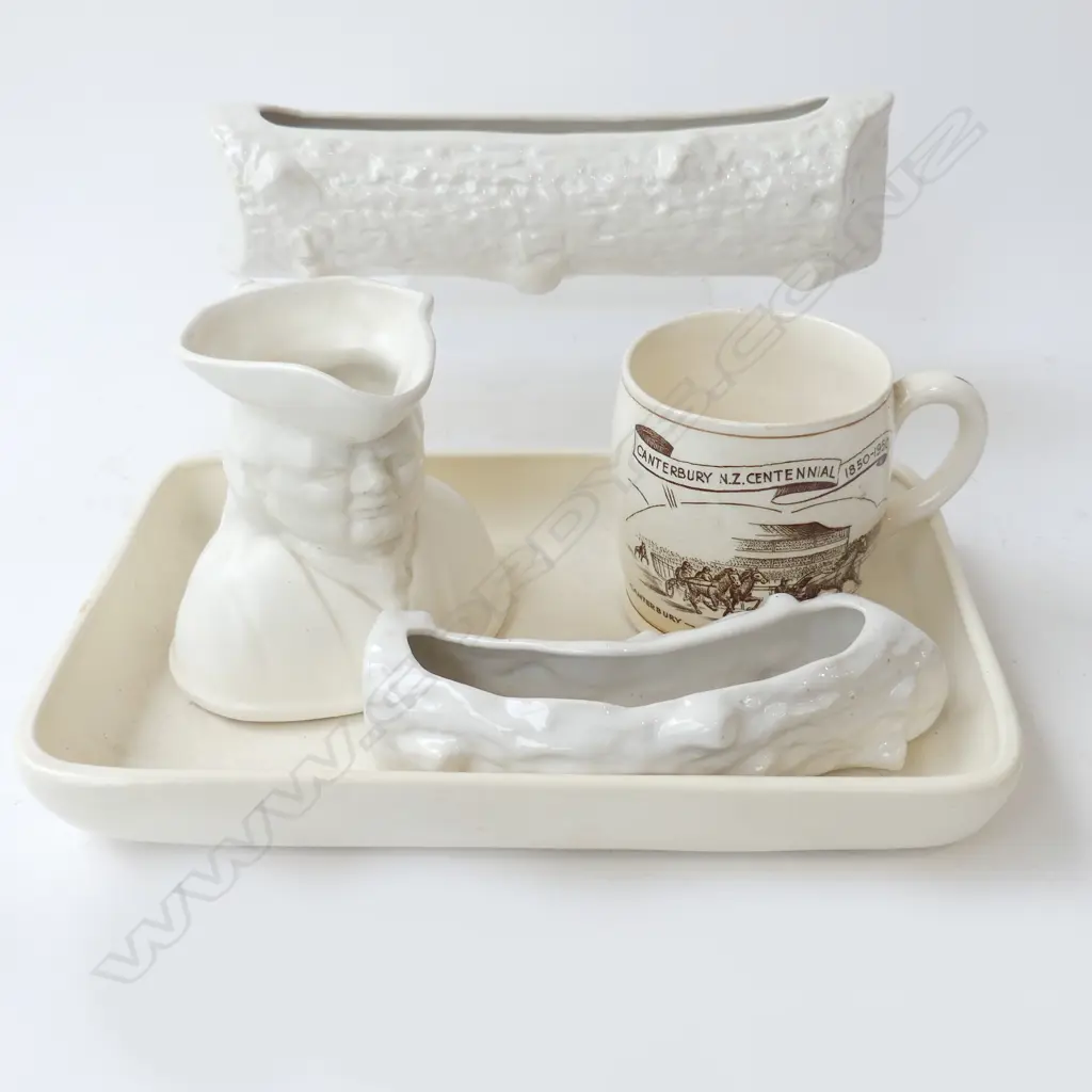 5 PCES WHITE CERAMICS; 2 TEMUKA LOGS, CROWN LYNN FLOAT BOWL #528 205x310mm (AF), CANTERBURY CENTENNIAL MUG, JUG Image 1++