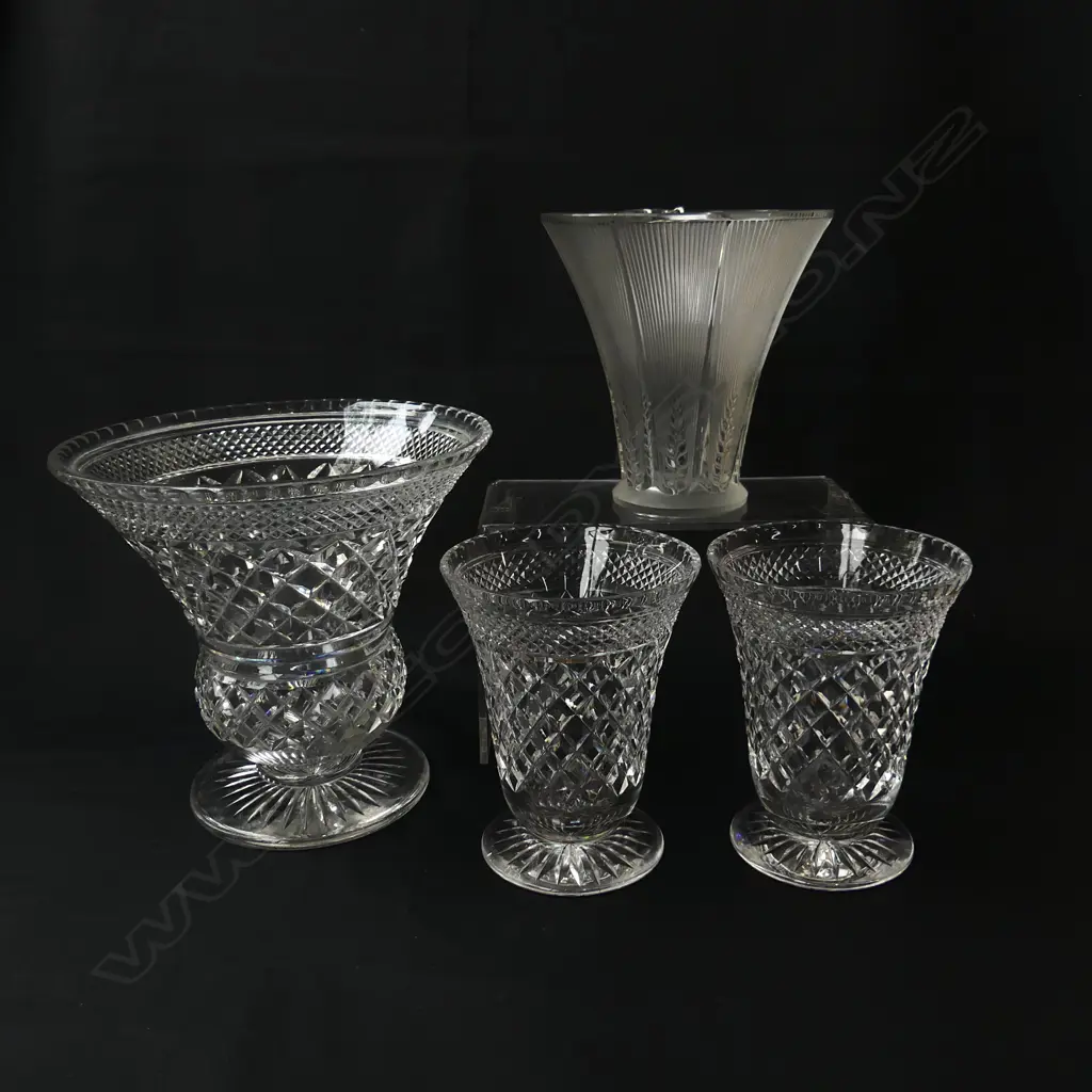 4 CRYSTAL VASES; PR WEBB, LALIQUE (lg chip), OTHER H.205mm Image 1++