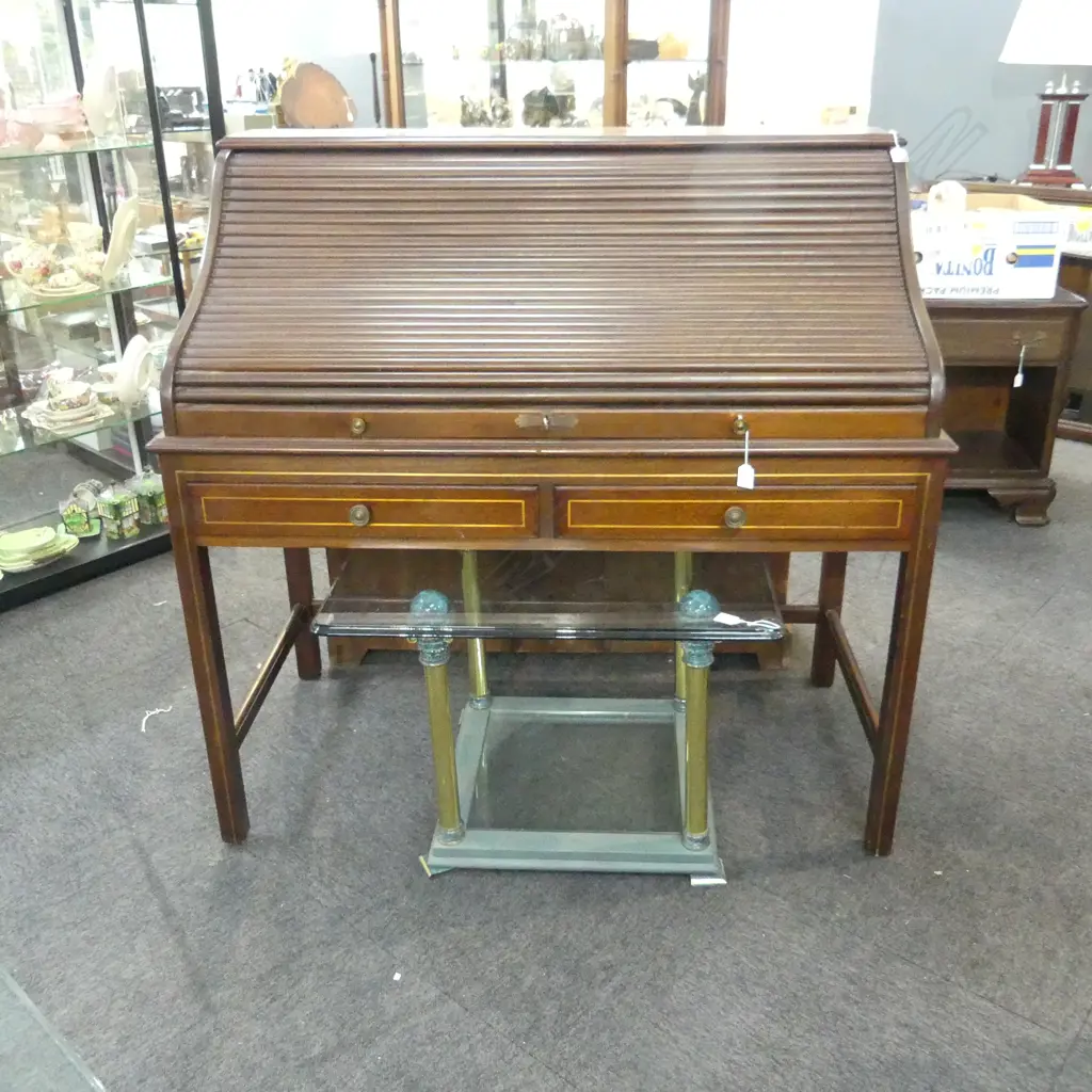 SHERATON STYLE INLAID MAHOGANY ROLL TOP DESK H.1170mm. W.1190MM. Image 1++