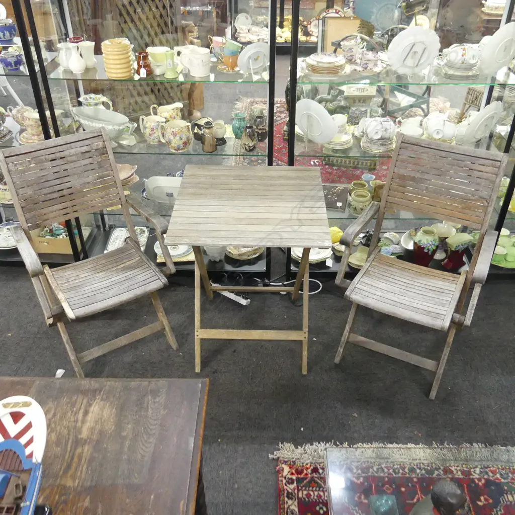 3 PCE WOODEN FOLDING PATIO SET; TABLE 600x600mm & 2 CHAIRS Image 1++