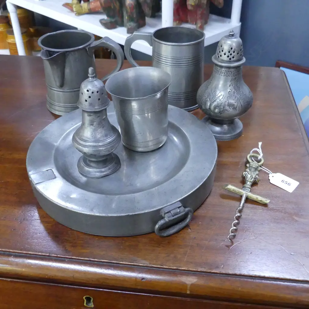 6 PCES ANTIQUE PEWTER; WARMING PLATE 240mm dia, 2 TANKARDS, 2 SIFTERS, BEAKER + BOTTLE OPENER Image 1++