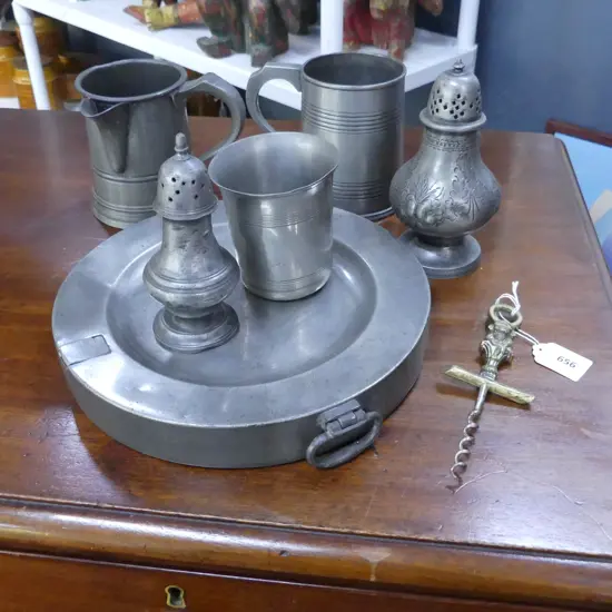 6 PCES ANTIQUE PEWTER; WARMING PLATE 240mm dia, 2 TANKARDS, 2 SIFTERS, BEAKER + BOTTLE OPENER