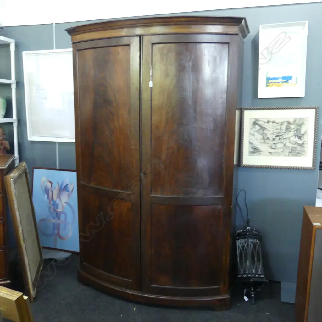 VICT BOW FRONT 2 DOOR FLAME MAHOGANY WARDROBE fitted part interior W.1350mm. H.2000mm. D.660mm. Image 1++
