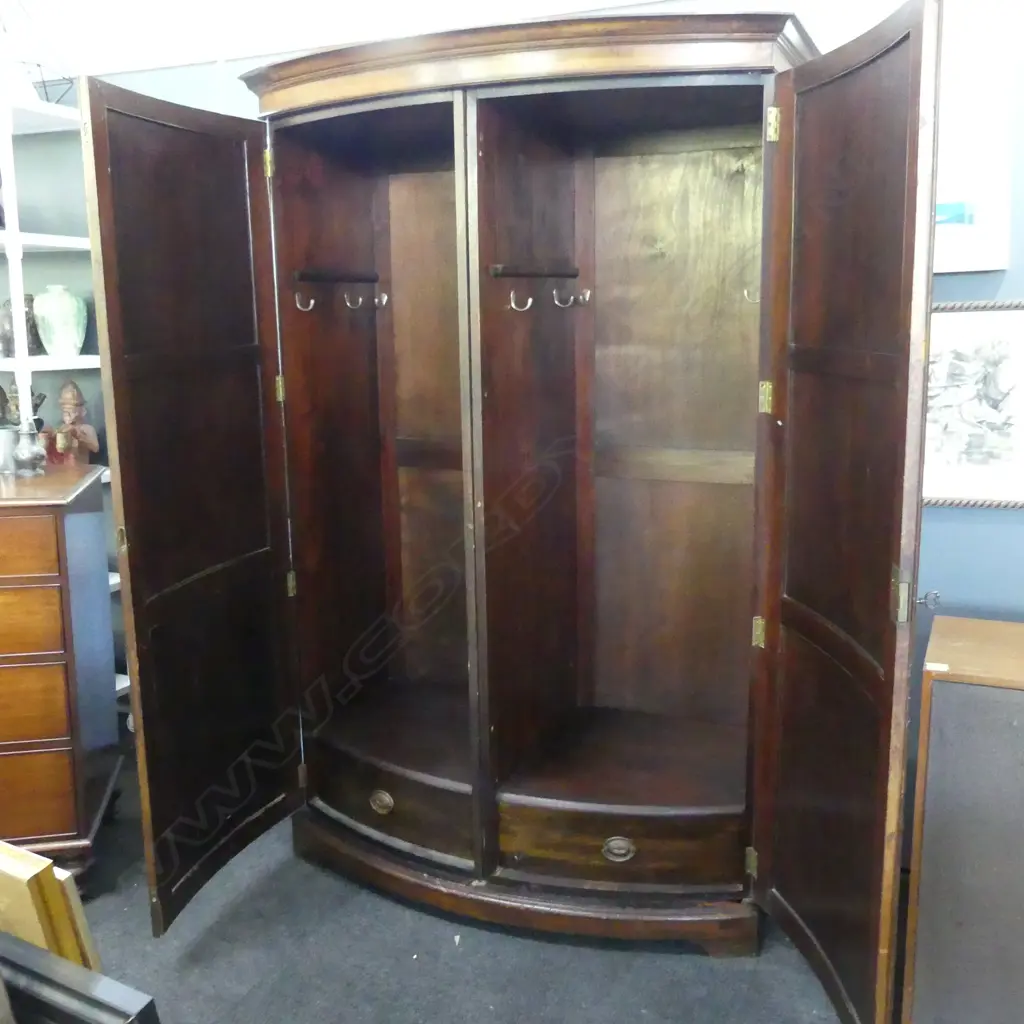 VICT BOW FRONT 2 DOOR FLAME MAHOGANY WARDROBE fitted part interior W.1350mm. H.2000mm. D.660mm. Image 1++