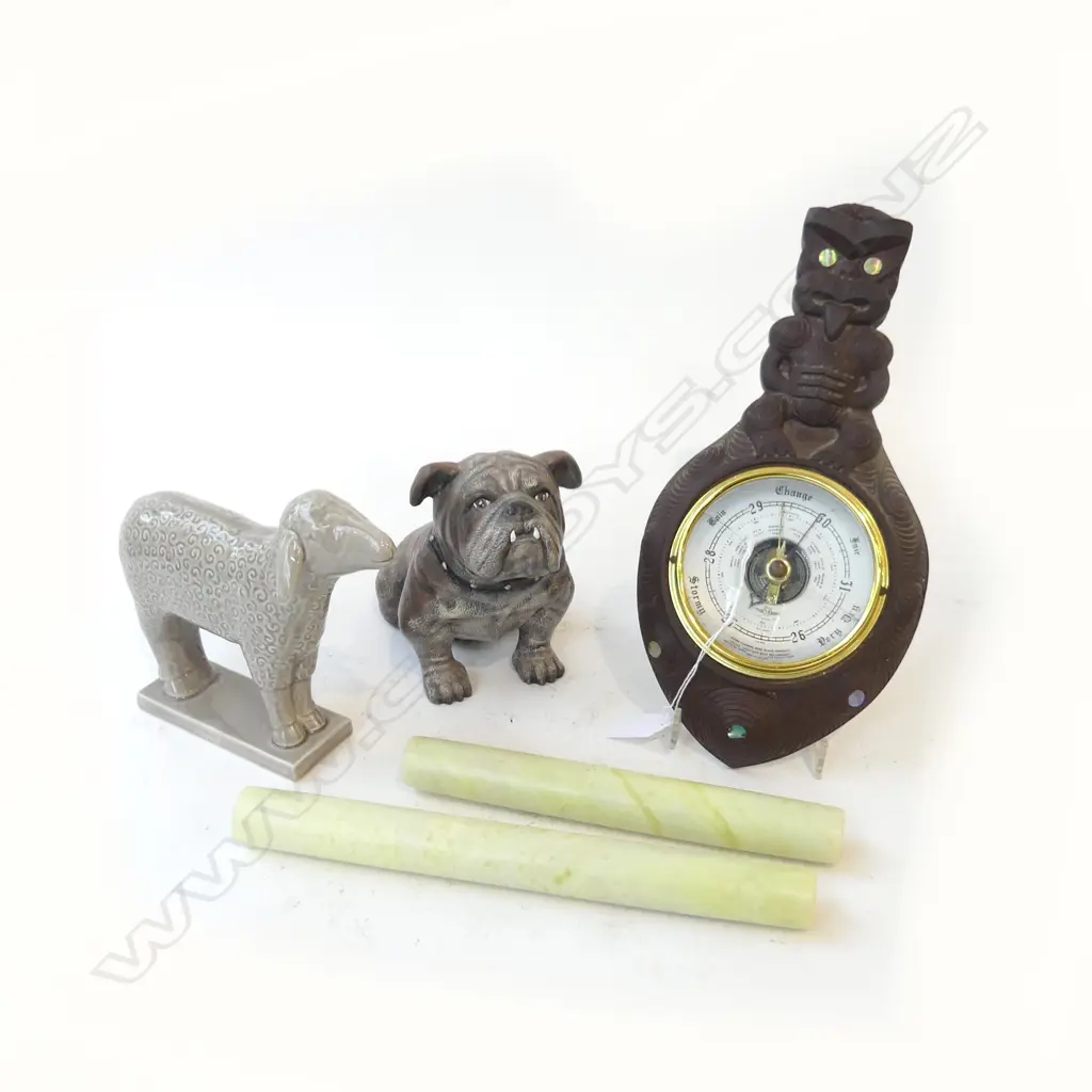5 PCES; RESIN TIKI BAROMETER H.310mm, CERAMIC SHEEP & BULLDOG, 2 SOAP STONE ROLLERS L.265mm Image 1++