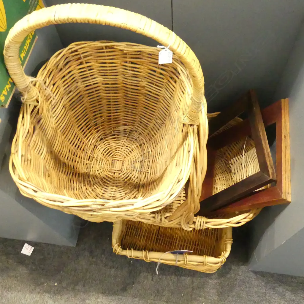 3 LG WOVEN CANE BASKETS + 2 EMPTY WOODEN FRAMES Image 1++