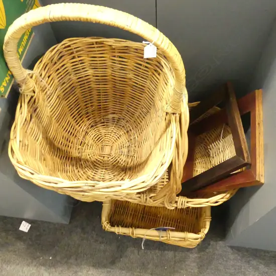 3 LG WOVEN CANE BASKETS + 2 EMPTY WOODEN FRAMES