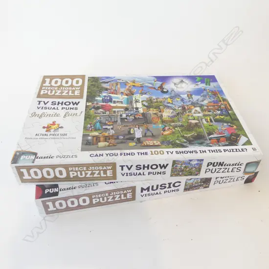 TWO NEAR NEW 1000PC JIGSAW PUZZLES ‘TV SHOW VISUAL PUNS’ & ‘MUSIC VISUAL PUNS’