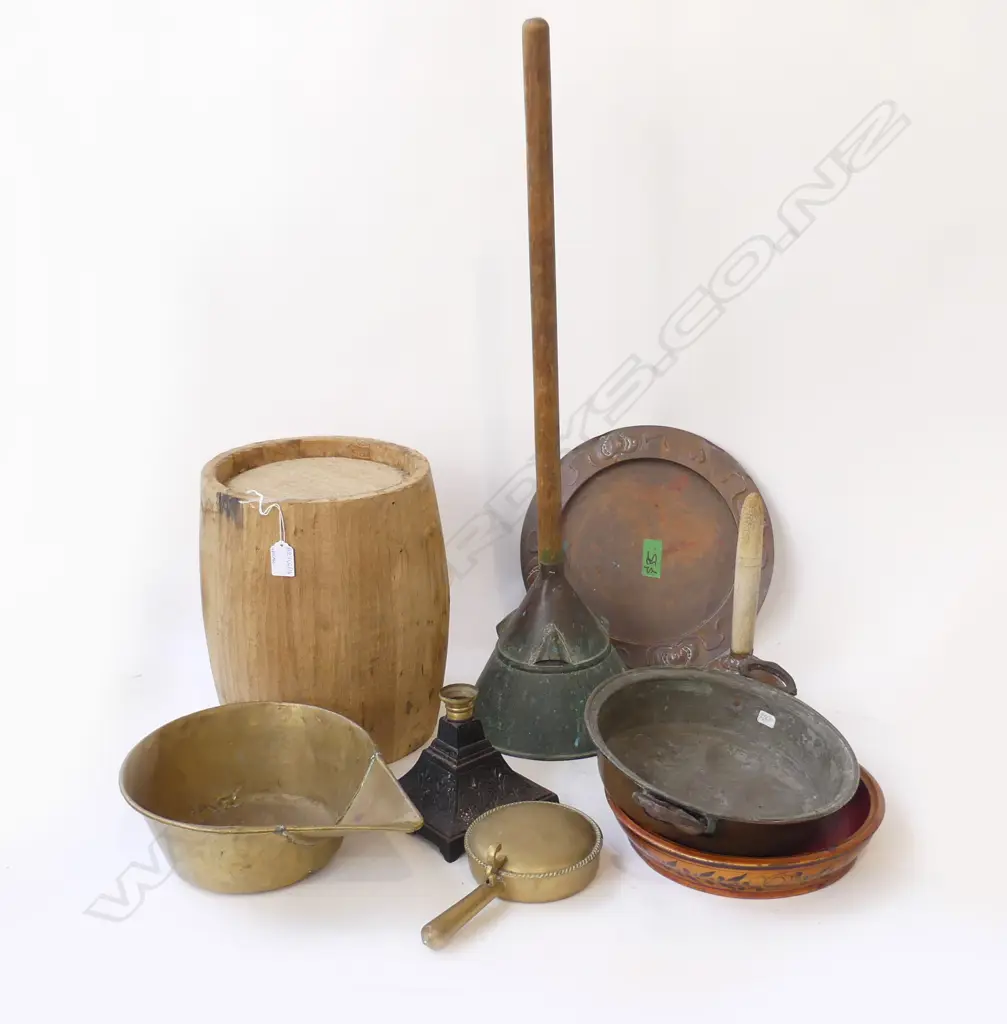 ASST. VINTAGE COPPER / BRASS PCES; WASHING DOLLY STICK + WOODEN BARREL H.315mm Image 1++